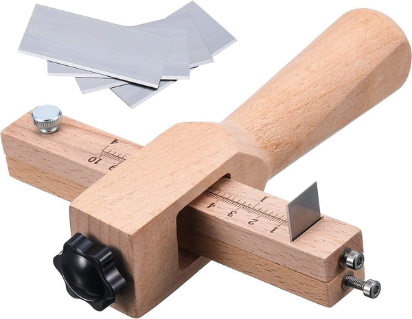Leather Strap Cutter, Adjustable Wood Handle Tool with 5 Blades for Leather Wood Strips Professional DIY Craft Cutting Tool