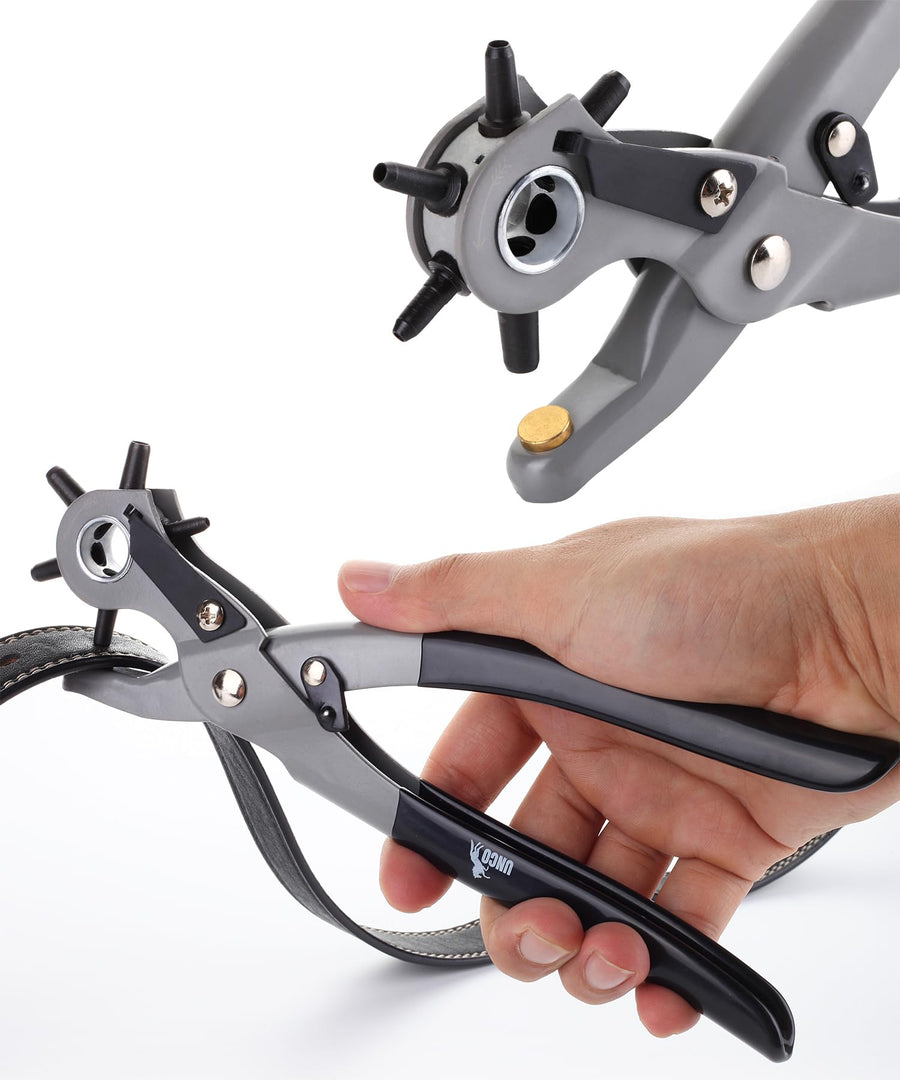 UNCO- Leather Hole Punch Tool, 6 Different Hole Sizes (5/64", 3/32", 7/64", 1/8", 5/32", 3/16"), Durable Hole Punch for Watch Bands, Straps, Dog Collars, Saddles, Shoes, Fabric, DIY Craft Projects