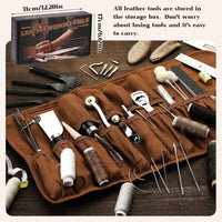 Leather Tooling Kit, Practical Leather Working Tools with Beveler, Groover, Stitching Punch Sewing Thread and Needles - Comes with Roll Bag and Manual