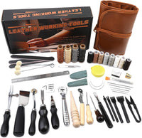 Leather Tooling Kit, Practical Leather Working Tools with Beveler, Groover, Stitching Punch Sewing Thread and Needles - Comes with Roll Bag and Manual