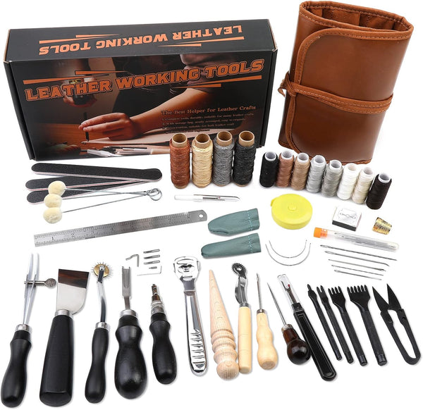 Leather Tooling Kit, Practical Leather Working Tools with Beveler, Groover, Stitching Punch Sewing Thread and Needles - Comes with Roll Bag and Manual
