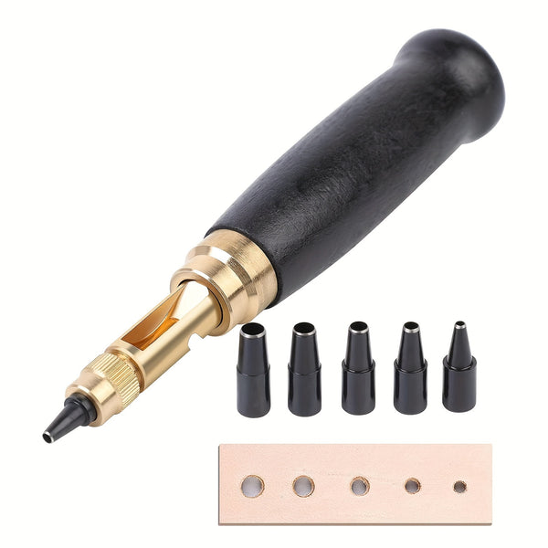 Versatile Japanese Screw Punch Tool with Adjustable Tips for Creating Holes in Leather And Paper, Featuring Six Different Sizes. Ideal for Bookbinding And Sewing Leather, This Belt Hole Puncher Comes with a Handle