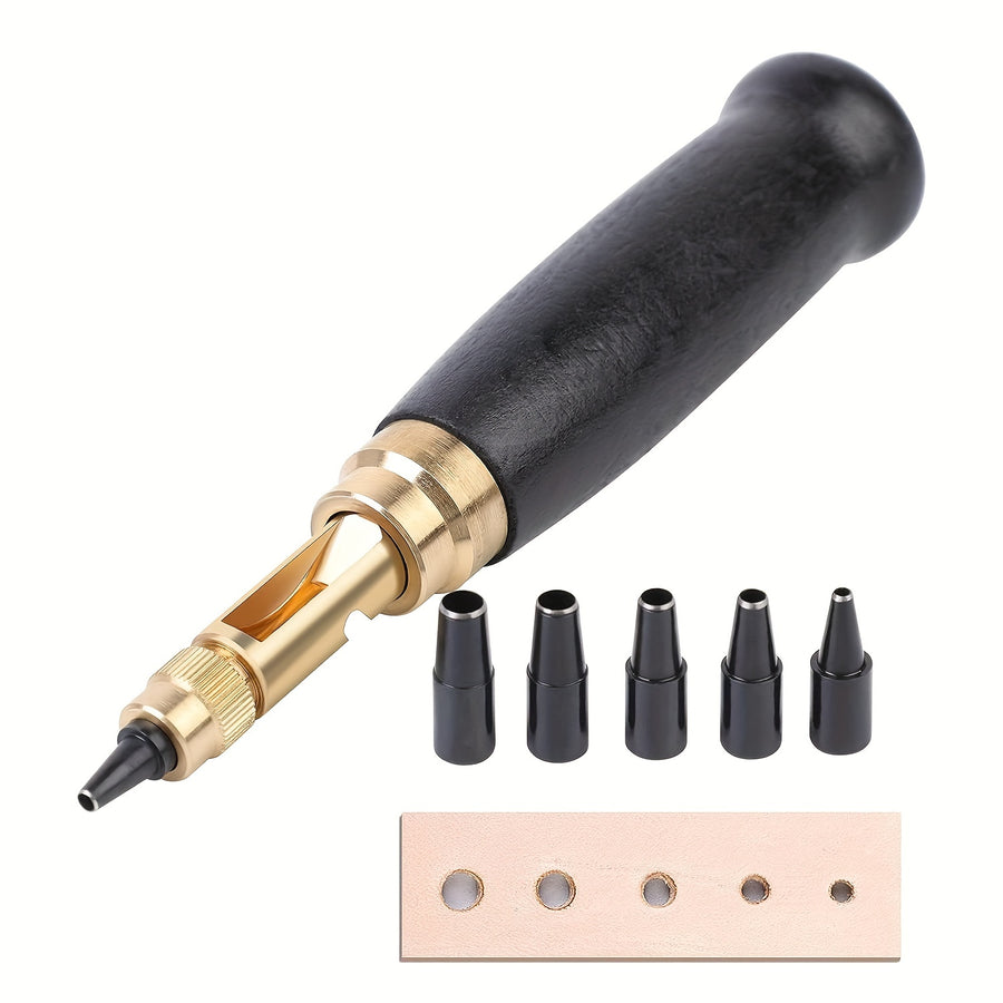 Versatile Japanese Screw Punch Tool with Adjustable Tips for Creating Holes in Leather And Paper, Featuring Six Different Sizes. Ideal for Bookbinding And Sewing Leather, This Belt Hole Puncher Comes with a Handle